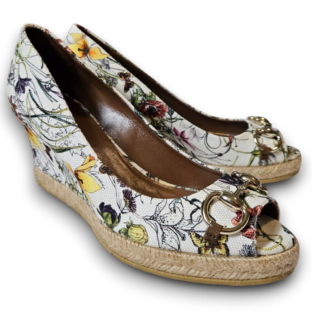Gucci Flora Horsebit Canvas Espadrille Peep Toe Wedges Size EU 36 / US 5.5 - Picture 3 of 14